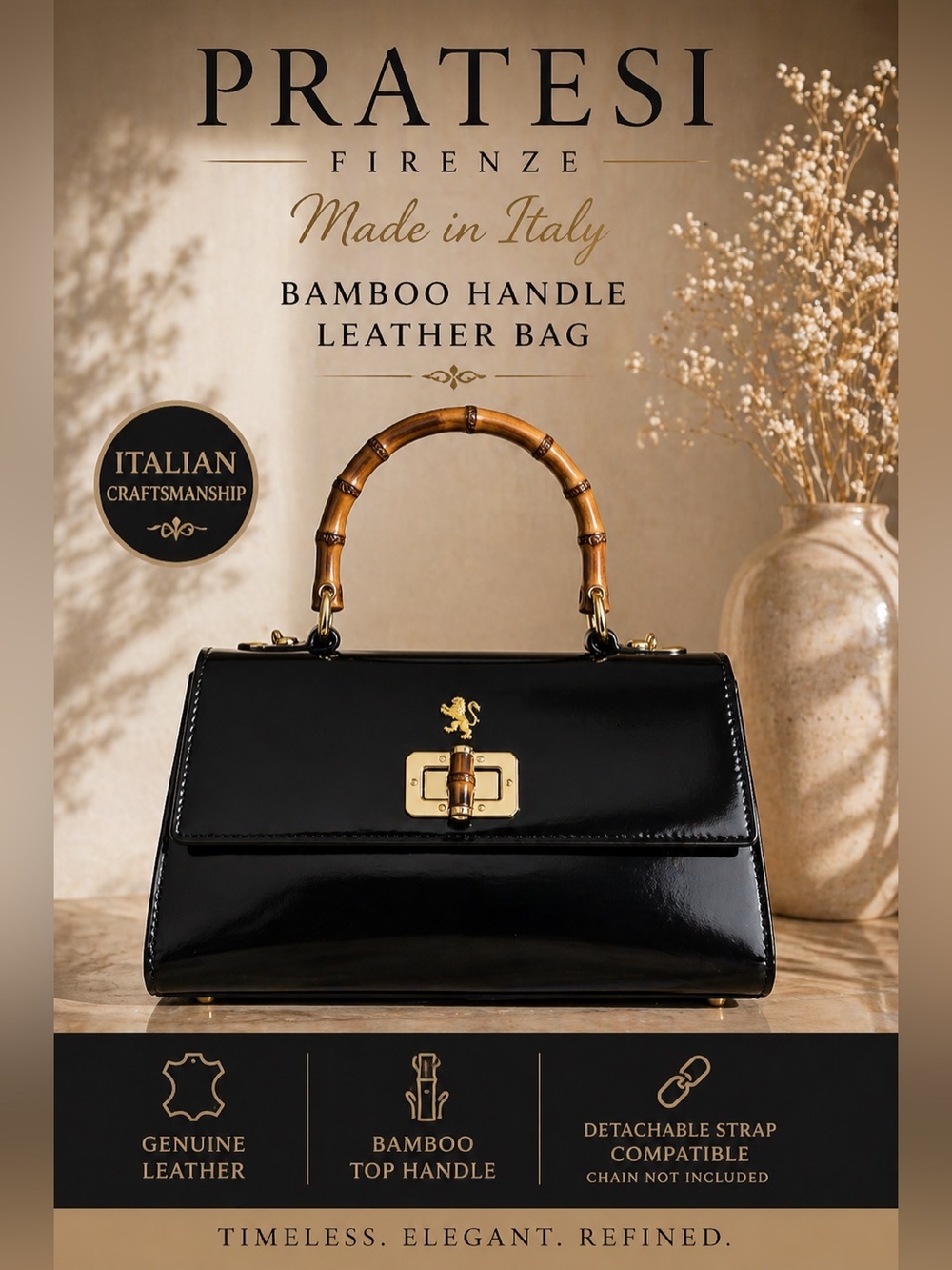 Pratesi Firenze Bamboo Handle Structured Leather Bag Made in Italy